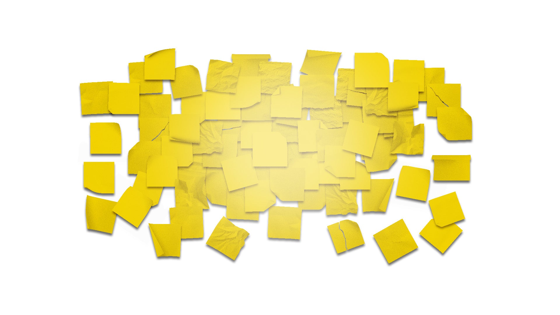 Scattered yellow sticky notes on a white background