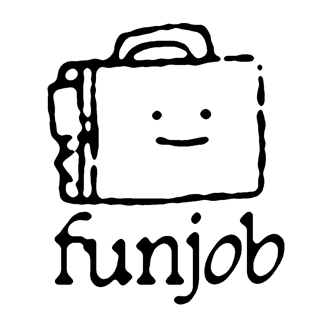Black outline of a suitcase with a smiley face and 'funjob' text on a white background